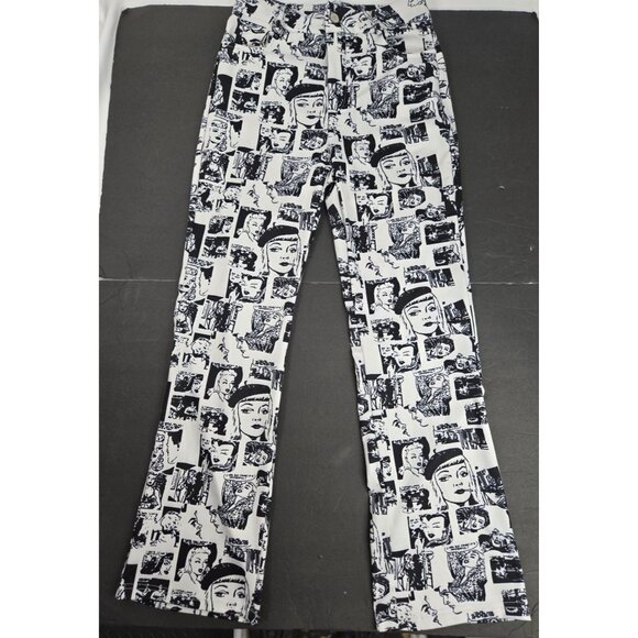 Black & White‎ News Print Flared Stretch Leggings High Flare Medium  Y2K - Picture 1 of 8